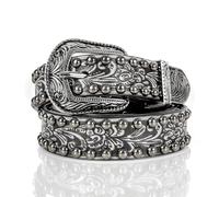 YudeWater Cinturón occidental con diseño de tachuelas plateadas, cuero negro, hebilla ornamentada, patrón floral en relieve, Negro plateado, 1