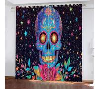 YUEAHOL Cortinas Infantiles 3D Calavera Colorida Flor de Rosa Cortinas Opacas 2 Piezas Cortinas Termicas Aislantes Frio y Calor Cortina con Ojales, Salon, Habitacion Juvenil, 150 x 160 cm