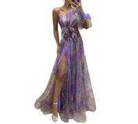 YUECIBAI Vestidos Vestir Niña De Noche para Mujer Vestido De Baile con Dobladillo Dividido Y Malla Rosa con Estampado De Flores Tie-Dye En Capas De Un Hombro XL Púrpura