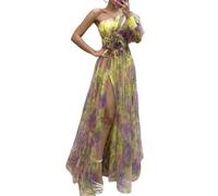 YUECIBAI Vestidos Vestir Niña De Noche para Mujer Vestido De Baile con Dobladillo Dividido Y Malla Rosa con Estampado De Flores Tie-Dye En Capas De Un Hombro XL Amarillo