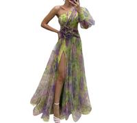 YUECIBAI Vestidos Vestir Niña De Noche para Mujer Vestido De Fiesta con Dobladillo Dividido Y Malla Rosa con Estampado De Flores Tie-Dye En Capas con Un Hombro S Verde