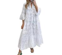 YUECIBAI Vestidos Vestir Niña Vestido Bordado Elegante De Encaje con Cuello En V Y Manga Acampanada con Estampado De Flores Y Media Tapeta con Costura De Volantes L Blanco
