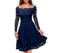 YUECIBAI Vestidos Vestir Niña Vestido Mujer Una Línea Ahueca hacia Fuera El Cordón Fuera del Hombro Manga Larga Cintura Apretada Vestido Midi De Fiesta M Azul Marino