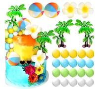 YUEcthynous Decoración de pastel de playa de verano, 26 unidades, decoración para tartas hawaiana, fiesta de cumpleaños, verano, playa, surf, tartas, plugins, hojas de palma, tabla de surf, cumpleaños