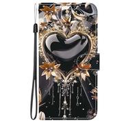YUECXIN Funda para OPPO A5X 5G/4G, Cubierta Tipo Cartera de Cuero PU con Ranuras para Tarjetas y Soporte, Carcasa Protectora Antigolpes para Mujer, Corazón Negro y Oro