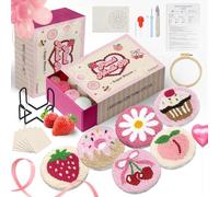 yuegool Kit de 6 posavasos con aguja perforadora, juego de bordado fácil para principiantes, niños y adultos con patrones, herramientas, hilos, aro, instrucciones y soporte para posavasos