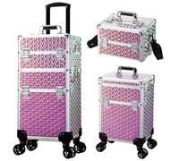 Yueieoun Maletín de maquillaje profesional 3 en 1 con ruedas, gran capacidad, carrito de maquillaje, peluquería, viaje, baúl, resplandor rosado, Practical 3 in 1, Profesional