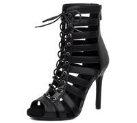 Yueldiwona Mujer Gladiador Sandalias Strappy Peep Toe Alto Tacón Pequeno Cordones Burju Baile Heels Botas de Verano Cage Zapatos Zipper Black Size 41