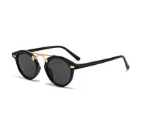 YUELUQU Gafas de sol redondas retro para mujeres y hombres con doble puente de protección UV400, a la moda, Marco negro y lente gris, Talla única