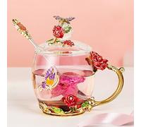 YUEMING Taza de Vidrio de Borosilicato, Resistente al Calor - Taza de Café y Té con Tapa y Cuchara - 320ml, Rosa con Mariposas (Rojo)