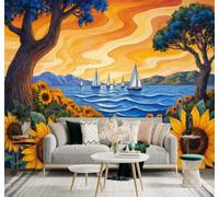 YueMingDi 3D Papel Pintado Acuarela Mar Árboles Velero Girasoles | Murales Creativos y Modernos Para la Del Hogar Estudio Salón Dormitorio Fondo el Sofá Decoración de Pared Lujo-430cm×300cm