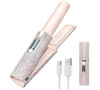 YUEMOL planchas del pelo ghd Mini cepillo alisador de cabello eléctrico USB 2 en 1 con diamantes de imitación, alisador de cabello de viaje antiquemaduras de calor rápido for niñas y mujeres