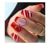 YUEMOL uñas postizas de navidad 24 Pcs Glossy Short T-shaped Christmas Press On Nails， Red French Glitter False Nails Artificial Finger Nails(Red)