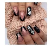 YUEMOL uñas postizas de navidad 24 Pcs Glossy Short T-shaped Christmas Press On Nails, Red French Glitter False Nails Artificial Finger Nails(Black)