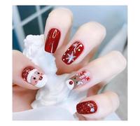 YUEMOL uñas postizas de navidad 24Pcs Christmas Red French Press on Nails， New Year Gift Fake Nail Snowflake Christmas Tree False Nail Wearable Short Square Nail(4)