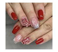 YUEMOL uñas postizas de navidad 24Pcs Christmas Red French Press on Nails, New Year Gift Fake Nail Snowflake Christmas Tree False Nail Wearable Short Square Nail(2)