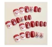 YUEMOL uñas postizas de navidad 24Pcs Christmas Short False Nails ，Snowman Elk Pattern Design Wearable Fake Nails Press On Nail
