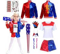 YUERTMIO Quinn Disfraz para Niñas, Quinn Cosplay de Halloween Disfraz, Costume Quin Disfraz de Villano con chaqueta, camiseta, pantalones cortos, guante, collar para Halloween, carnaval