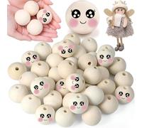 Yueser 30 Piezas Cuentas de Madera Redondas con Caras Sonrientes 30mm Abalorios Madera para Manualidades, Llaveros, Muñecas, Joyas y más