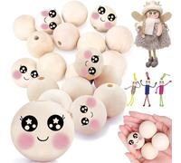 Yueser Bolas de Madera para Manualidades - 20 Piezas Cuentas con Caras Sonrientes 40mm, Redondas con Agujero Grandes para Muñeca, Ángel, Llavero