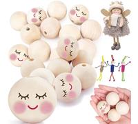 Yueser Bolas de Madera para Manualidades - 20 Piezas Cuentas Con Caras Sonrientes 40mm Redondas Con Agujero - Abalorios Grandes para Muñeca Ángel Llavero