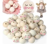 Yueser Bolas de Madera para Manualidades, 30 Piezas Cuentas con Caras Sonrientes 30mm Abalorios Redondos con Agujero Grandes para Muñeca, Llavero