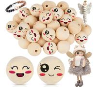 Yueser Bolas de Madera para Manualidades, 80 Piezas Cuentas con Caras Sonrientes 20mm Abalorios Redondos con Agujero Grandes para Muñeca, Llavero