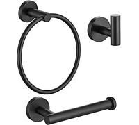 YUET Juego de accesorios de baño, 3 piezas Acero Inoxidable Cepillado Montado en la pared, Toalleros de Aro + Portarrollos de Papel Higiénico + Ganchos, Negro