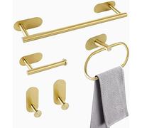 YUET Juego de Accesorios de Baño, Toalleros de Baño sin Taladro 5 Piezas Acero Inoxidable, Barra de Toalla de 16 Pulgadas,Anillo de Toallas,Soporte Portarrollos de Papel Higiénico, Ganchos,Dorado