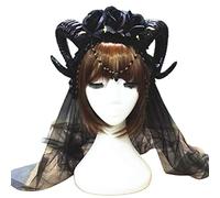 YUGSHNKFC Diadema de Halloween, cuerno de oveja, rosa, cadena de flores, aro para el pelo de vampiro, velo de malla, tocado de cosplay