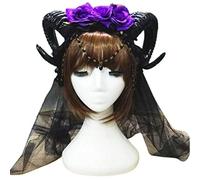 YUGSHNKFC Diadema de Halloween, cuerno de oveja, rosa, cadena de flores, aro para el pelo de vampiro, velo de malla, tocado de cosplay