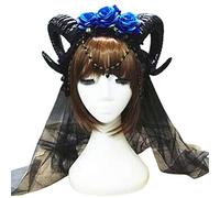 YUGSHNKFC Diadema de Halloween, cuerno de oveja, rosa, cadena de flores, aro para el pelo de vampiro, velo de malla, tocado de cosplay