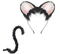YUGSHNKFC Diadema de orejas de felpa hecha a mano y cola de piel sintética para Halloween, cosplay, fiesta, disfraces, accesorios para niños y adultos