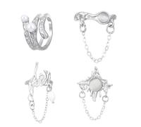 YUGSHNKFC Juego de 4 elegantes anillos de cadena de perlas y piedra lunar, anillos abiertos ajustables, joyería texturizada para mujer, accesorio de moda, Metal