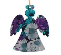 YUGTAEE Adornos de madera de Navidad con forma de ángel, 4 piezas de flores moradas y verde azulado impresas para colgar