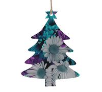 YUGTAEE Adornos de madera de Navidad con forma de árbol de Navidad, 4 piezas de flores moradas y verde azulado impresas para colgar