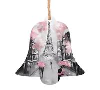 YUGTAEE Adornos de madera de Navidad con forma de campana, 1 pieza de la Torre Eiffel de la calle París, rosa con estampado floral para