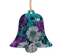 YUGTAEE Adornos de madera de Navidad con forma de campana, 2 unidades, flores moradas y verde azulado impresas para colgar