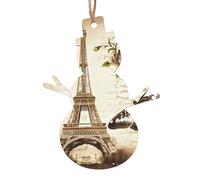 YUGTAEE Adornos de madera de Navidad con forma de muñeco de nieve, 4 unidades, diseño vintage de la Torre Eiffel de París, mariposa impresa para colgar