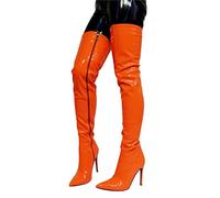YUHAI Ladies Women Knee Stretch High Boots Classic Patent Leather with Side Zip Stiletto Heel Shoes Riding Boots,Orange-38(UK5)