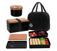 Yuhtech Lonchera Bento japonesa de 2 niveles, lonchera Bento con compartimentos, contenedor de sopa con cuchara, cuchillo y tenedor y bolsa térmica (negro)