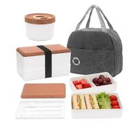 Yuhtech Lonchera bento japonesa de 2 niveles, lonchera Bento con compartimentos, contenedor de sopa con cuchara, cuchillo y tenedor y bolsa térmica (blanco)