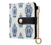 Yuiboo Cartera plegable de piel sintética con 7 ranuras para tarjetas, para uso diario, color burdeos oscuro, Tarro de jengibre azul y blanco, one size, Art Deco