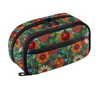 Yuiboo Estuche con estampado floral de mariquitas rojas y margaritas coloridas, con múltiples compartimentos, estampado completo, papelería resistente para adolescentes y niños