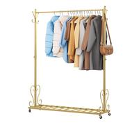 YUJEYHD Perchero con Ruedas, Perchero de pie de 150 cm, Burro Ropa Resistente Con estante, Capacidad de Carga 65 kg, 4 Frenos, Dorado (120cm)