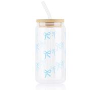 Yukaiwn Juego de tazas de vidrio con lazo, vaso de 16 onzas con popote de vidrio y tapa de madera, elegantes tazas de café transparentes, regalos estéticos para mujeres, niñas y amigas (lazo azul)