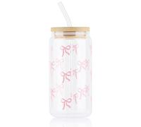 Yukaiwn Juego de tazas de vidrio con lazo, vaso rosa de 16 onzas con popote de vidrio y tapa de madera, elegantes tazas de café transparentes, regalos estéticos para mujeres, niñas y amigas (lazo rosa
