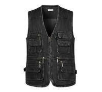 Yukirtiq Hombres Chaleco de Pesca Senderismo Chaleco Tipo Safari de Fotografía Viajes Bolsillos Chaquetas sin Mangas para Trabajo Chaleco de Caza, Vaquero Negro, XL