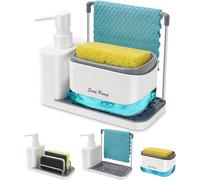 Yulado Jabonera Cocina Blanco, Organizador de Fregadero Negro con Bandeja y Soporte para Esponja, detergente Recargable，Dispensadores de Bomba de jabón y Porta esponjas…