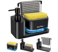 Yulado Jabonera Cocina Negro, Organizador de Fregadero Negro con Bandeja y Soporte para Esponja, detergente Recargable，Dispensadores de Bomba de jabón y Porta esponjas…